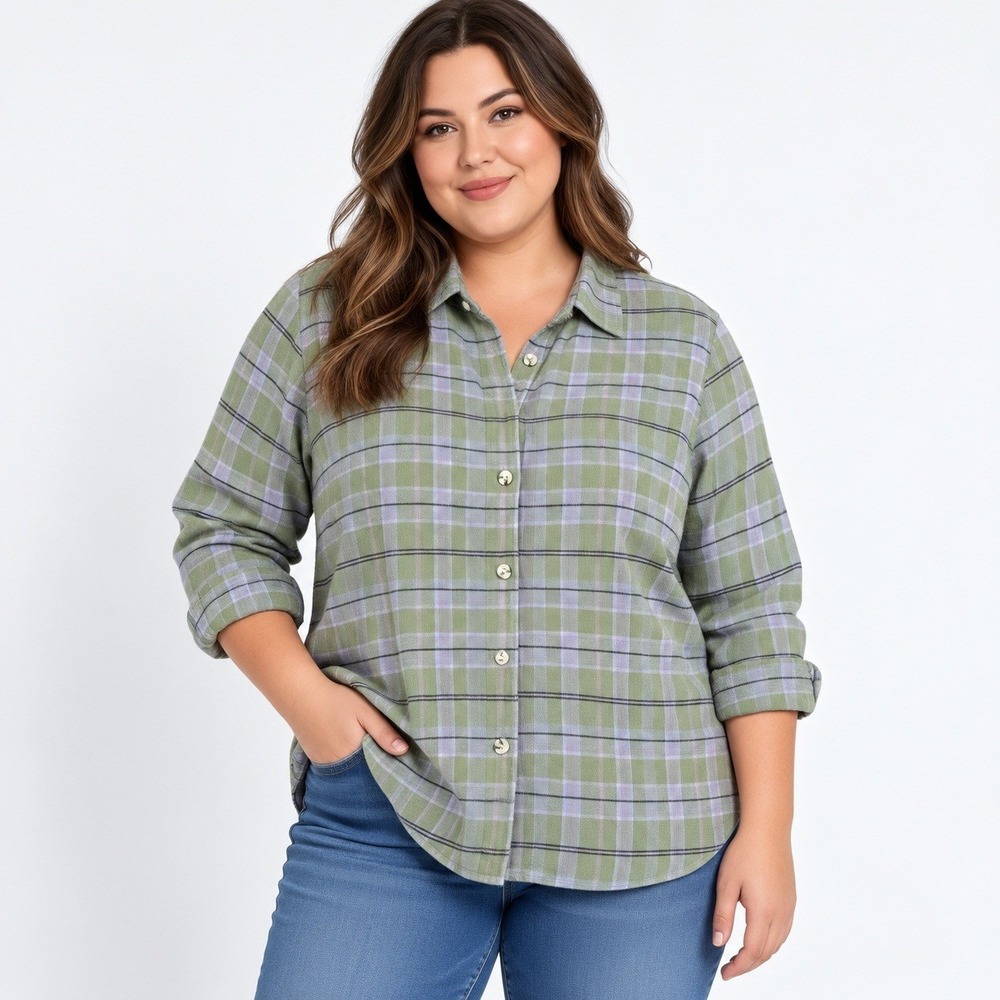 Mainstreet Blues Button Down Shirt Womens 2X‎ Green Purple Plaid Cotton Flannel